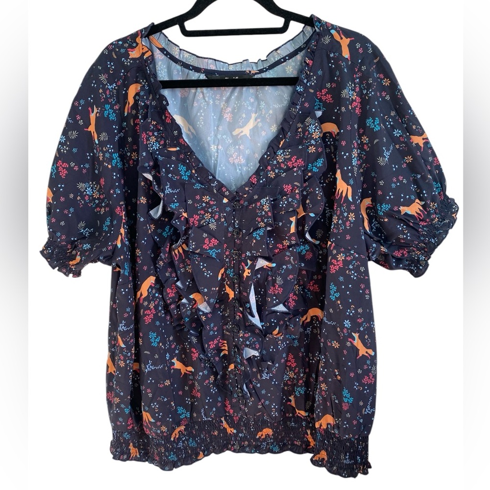eSHAKTI  Navy Blue Fox and Flowers Blouse Plus Size